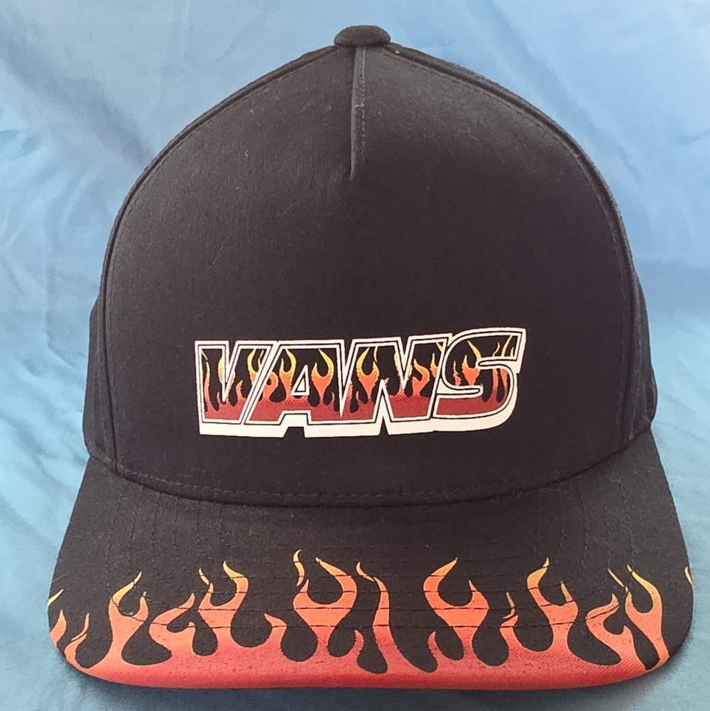 Vans Black Snapback Hat with Red-Orange Flame Brim